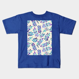 Hand Painted Purple & Aqua Leaf Pattern on Cream Kids T-Shirt